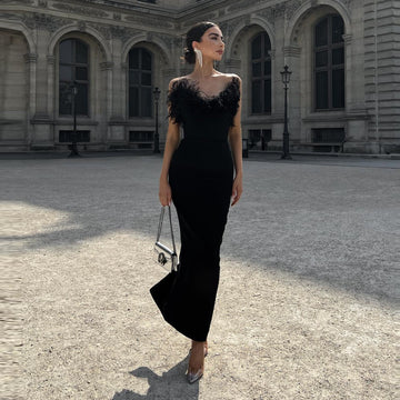 Woochic robe à plumes bustier col en V fendue taille haute noir XS